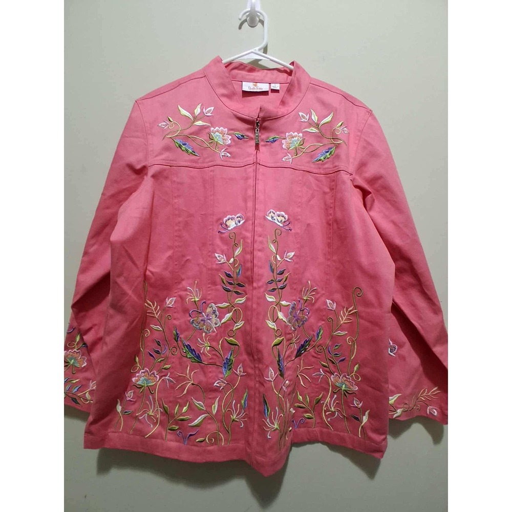 Quaker Factory Women's L Pink Embroidered Butterfly‎ Floral Zip Up Jacket Boho